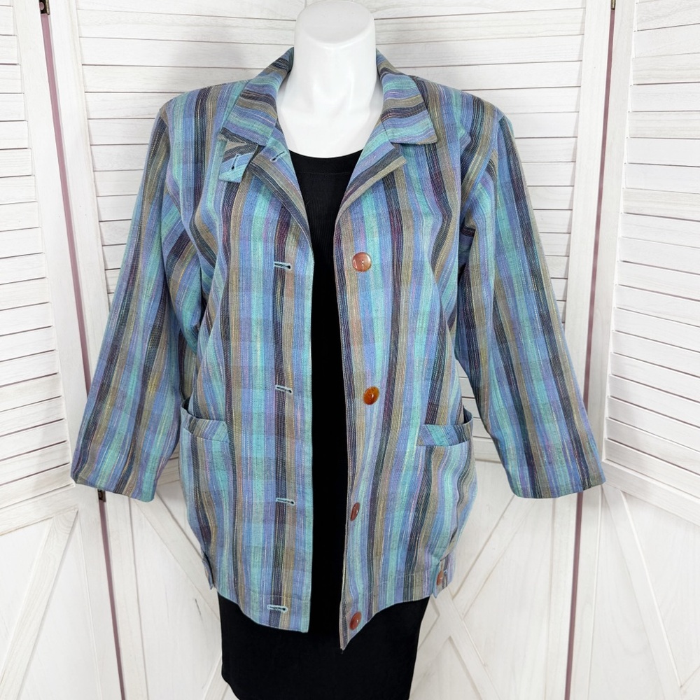 Vintage 80s Jacket Women XL Blue Green Cotton Blend Striped Boho Coastal Artsy